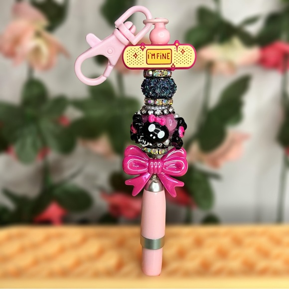 Hand Crafted Accessories - Pink & Black Emo Handmade Beaded Keychain Pen with “I’m Fine” Bandage Bead
